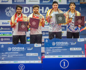 Men's Doubles winners Ayub Aziriyn and Lim Khim Wah(right) along with the runner ups Ravikrishna PS and Sankar Prasad Udayakumar (Left) at Odisha Open 2022 in Cuttack on Sunday.