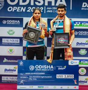 Mixed Doubles runner ups Treesa Jolly and MR Arjun pose with their medal at Odisha Open 2022 in Cuttack on Sunday.