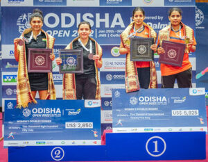 Women's Doubles winners Gayatri Gopichand-Treesa Jolly (right) along with the runner ups Sanyogita Ghorpade and Shruti Mishra (Left) at Odisha Open 2022 in Cuttack on Sunday.