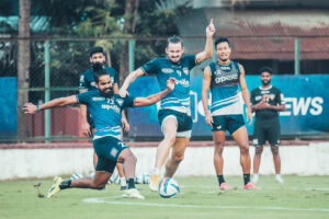 Chennaiyin FC's players during a training session ahead of their 2021-22 Hero ISL match against Odisha FC. PIC CHENNAIYIN FC