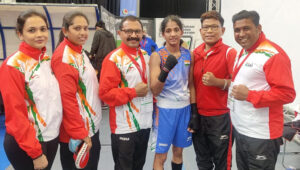 Indian boxer Nitu after winning her quarter-final match on at 73rd Strandja Memorial Boxing Tournament in Sofia, Bulgaria on Thursday