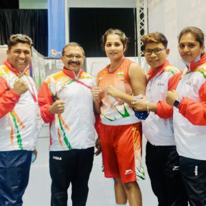 India's Nandini pose with the coaches after entering semi-finals at the 73rd Strandja Memorial Boxing Tournament in Sofia, Bugaria late on Tuesday, Febraury 22, 2022