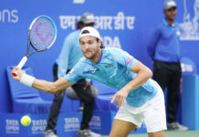 Tata Open Maharashtra : Portuguese star Sousa title clash with Ruusuvuori Joao Sousa in action during his 5-7, 7-6, 7-5 win over Elias Ymer at Tata Open Maharashtra at Balewadi stadium in Pune on Saturday.