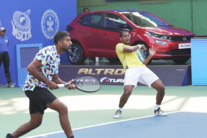 India's Ramkumar Ramanathan (R) returns during the doubles final at the Tata Open Maharashtra in Pune on Sunday