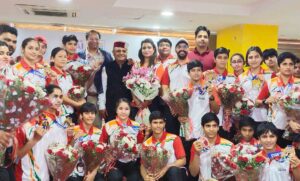 BFI President Ajay Singh (centre) with medallists from Asian Youth & Jr c'ship during the felicitation ceremony at JLN stadium on Wednesday.