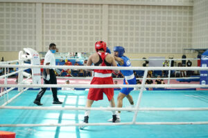 Lovlina Borgohain (blue) in action against Arundhati during the trials for World Championships at Indira Gandhi stadium in Delhi on Wednesday