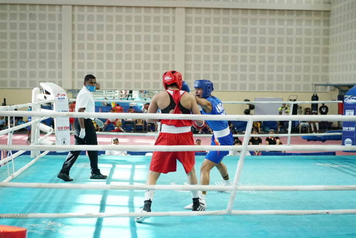 Lovlina Borgohain (blue) in action against Arundhati during the trials for World Championships at Indira Gandhi stadium in Delhi on Wednesday