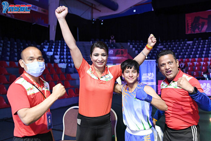 Nivedita Karki poses with the coaches after winning 48kg youth women final at the 2022 ASBC Asian Youth & Junior Boxing Championships in Amman, Jordan on Monday, March 14, 2022