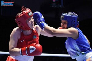 Shrushti Sathe (63kg) in action during her final bout against  Nursulu Suienaly of Kazakhstan at the Asian Youth & Junior Boxing Championships in Amman, Jordan on Sunday.