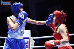 Vini (50kg) in action during her final bout against Kazakhstan's Karina Tokubay at the Asian Youth & Junior Boxing Championships in Amman, Jordan on Sunday.