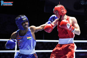 Vishwanath Suresh (in Blue) in action during the youth boys' 48kg semi-final at the 2022 ASBC Asian Youth & Junior Boxing Championships in Amman, Jordan on Friday, March 11, 2022