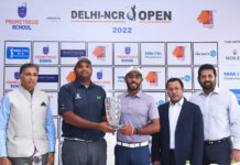 Delhi-NCR Open Golf Championship 2022 to tee off on April 19 Leading Indian professionals - Defending champion Udayan Mane (2nd from left) and Yuvraj Singh Sandhu (centre) - pose with the trophy of the Prometheus School presents Delhi-NCR Open 2022 at the press conference on Monday