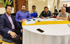 (L-R)Manu Agrawal, CEO, Aseem Merchant, Director, Bluesport Entertainment, Anandeshwar Pandey, Executive Director, HFI, Bader Al-Theyab, IHF VP& Finance Director-AHF, Muhammad Shafiq, AHF secretary during meeting.