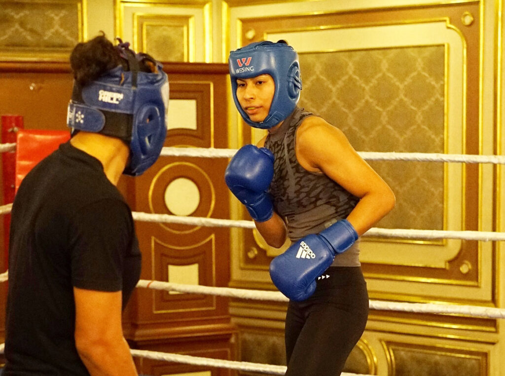 Indian boxer Lovlina Borgohain (R) during a trainiung session ahead of the 2022 IBA Women's World Boxing Championships