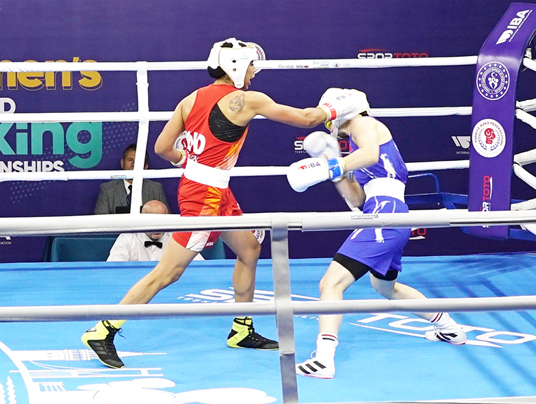 India's Manisha celebrates her 57kg quarter-final win against Mongolia’s Namuun Monkhor at the 12th IBA Women’s World Boxing Championships in Istanbul on Monday, May 16, 2022