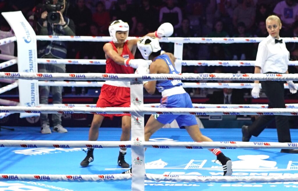 India’s Nikhat Zareen (in Blue) punches opponent Thailand's Jitpong Jutamas in the 52kg final at the 12th IBA Women’s World Boxing Championships in Istanbul