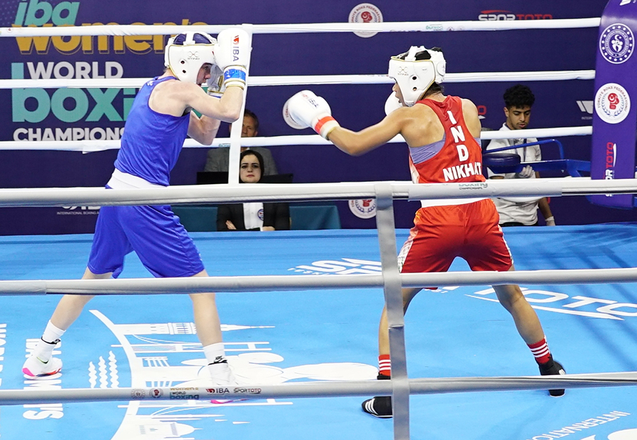 India's Nikhat Zareen in action during the 52kg quarter-final against England’s Charley-Sian Taylor Davison at the 12th IBA Women’s World Boxing Championships in Istanbul on Monday, May 16, 2022