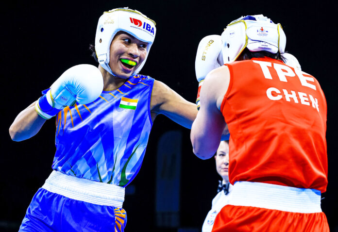 India’s Lovlina Borgohain (in Blue) in action during the 70kg opening round match against Chen Nien-Chin of Chinese Taipei at the 12th IBA Women’s World Boxing Championships in Istanbul on Monday.