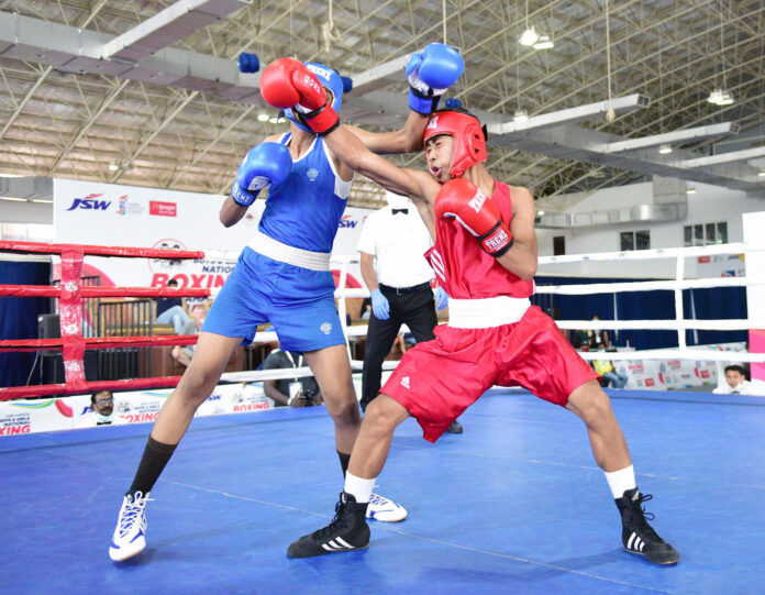 Boxers in action during the boys pre-quarter finals at the 2022 Sub-Junior National Boxing Championships in Bellary, Karnataka