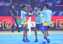 अल्टीमेट खो-खो : चेन्नई क्विक गन्स और ओडिशा जगरनॉट्स की दूसरी जीत Chennai Quick Guns players celebrate during a Ultimate Kho Kho Season 1 match against Mumbai Khiladis in Pune on Friday, August 19, 2022