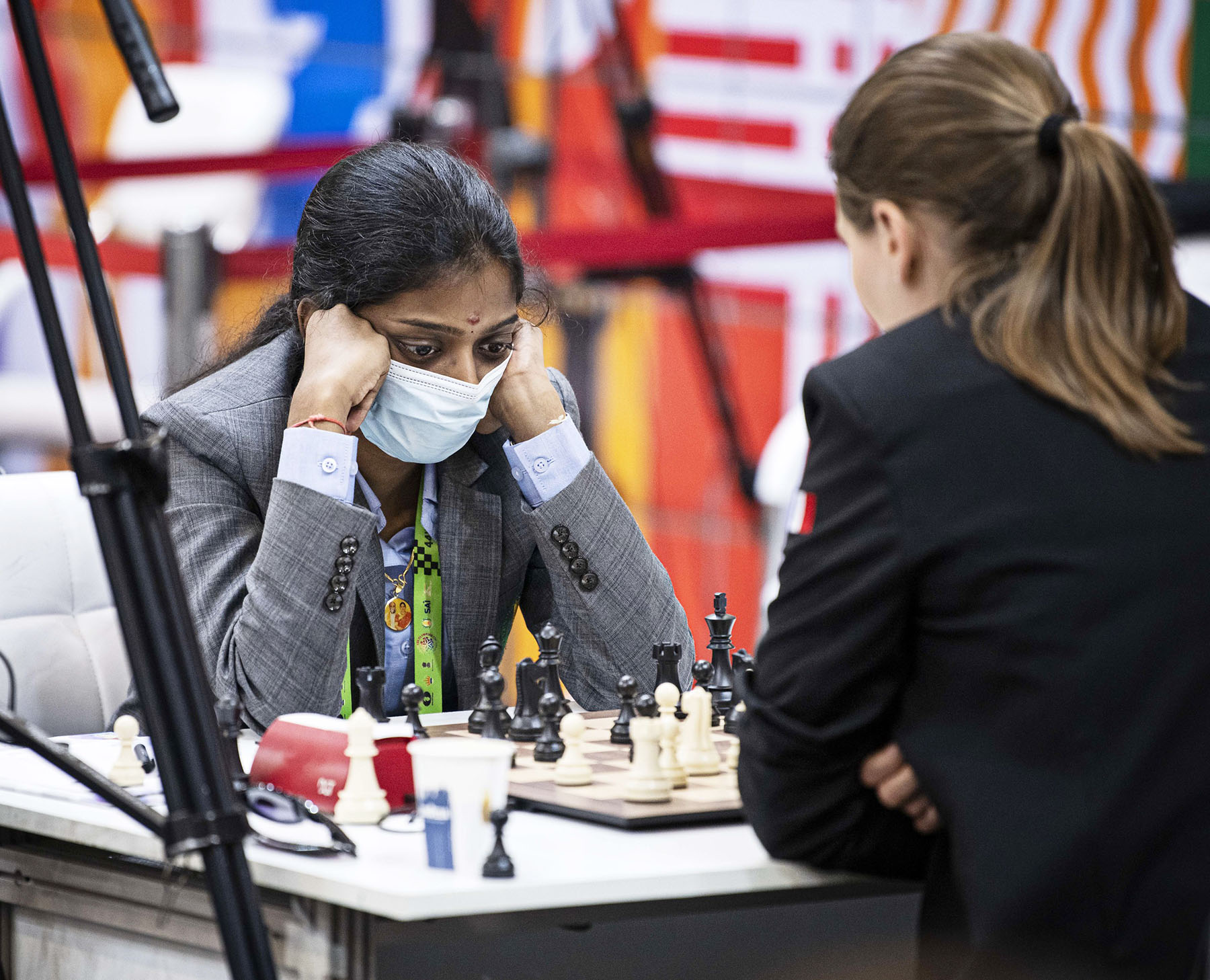 IM Vaishali R of India's Women Team B in action during the Round 5 of the 44th Chess Olympiad in Mamallapuram, Tamil Nadu on Tuesday