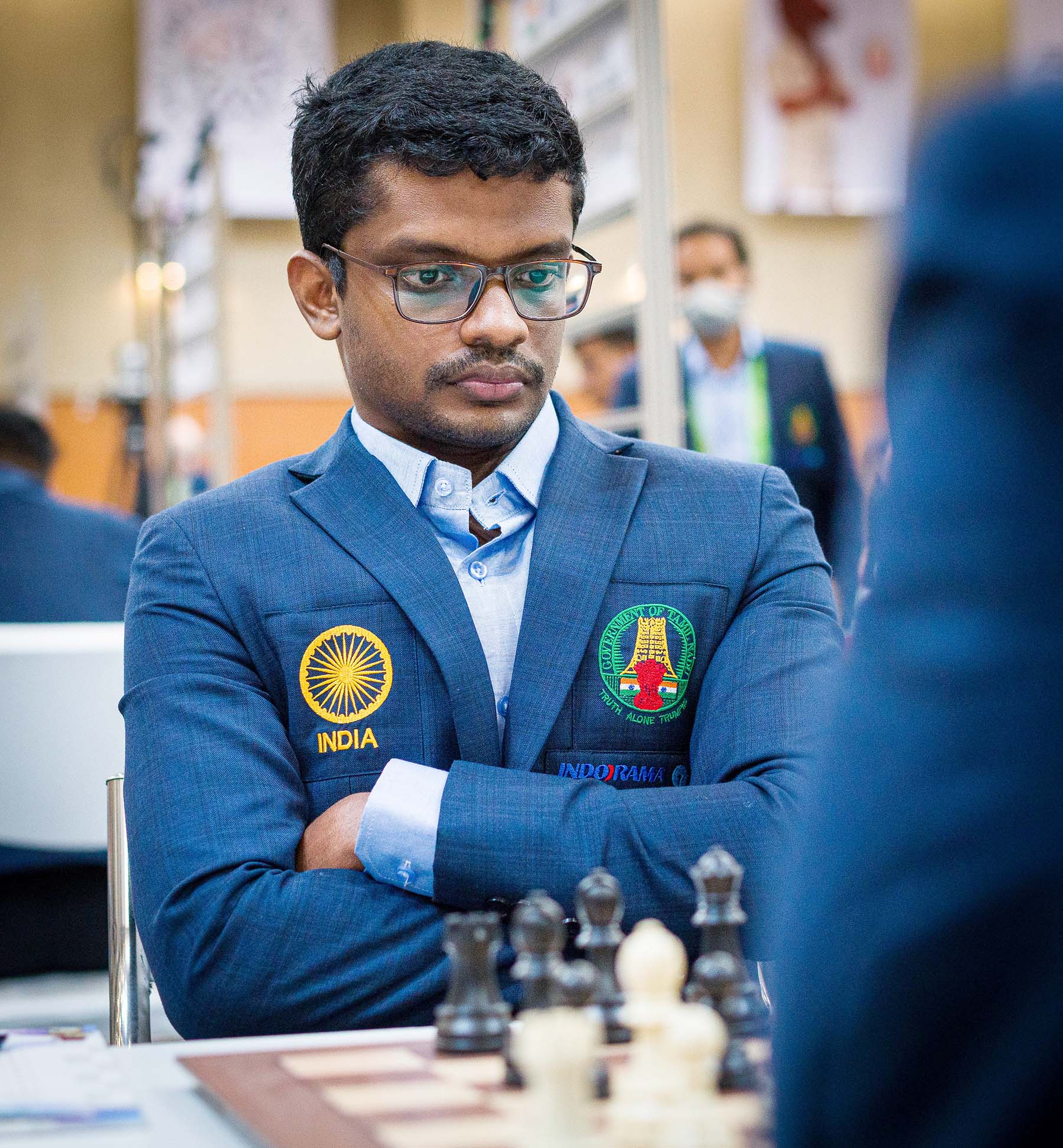 Indian Open A's S L. Narayanan in action during Round 7 of the 44th Chess Olympiad on Friday in Mamallapuram, Tamil Nadu. photo credit : FIDE/Lennart Ootes & Stev Bonhage