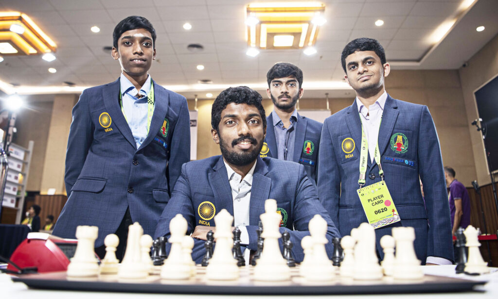 Member of India B pose for a photo ahead of Round 5 at the 44th Chess Olympiad in Mamallapuram, Tamil Nadu on Tuesday  