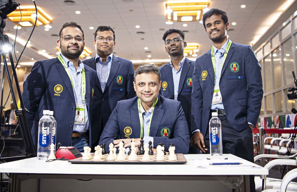 Member of India C in the open section pose before the start of the Round 4 match at the 44th Chess Olympiad in Mamallapuram, Tamil Nadu on Monday