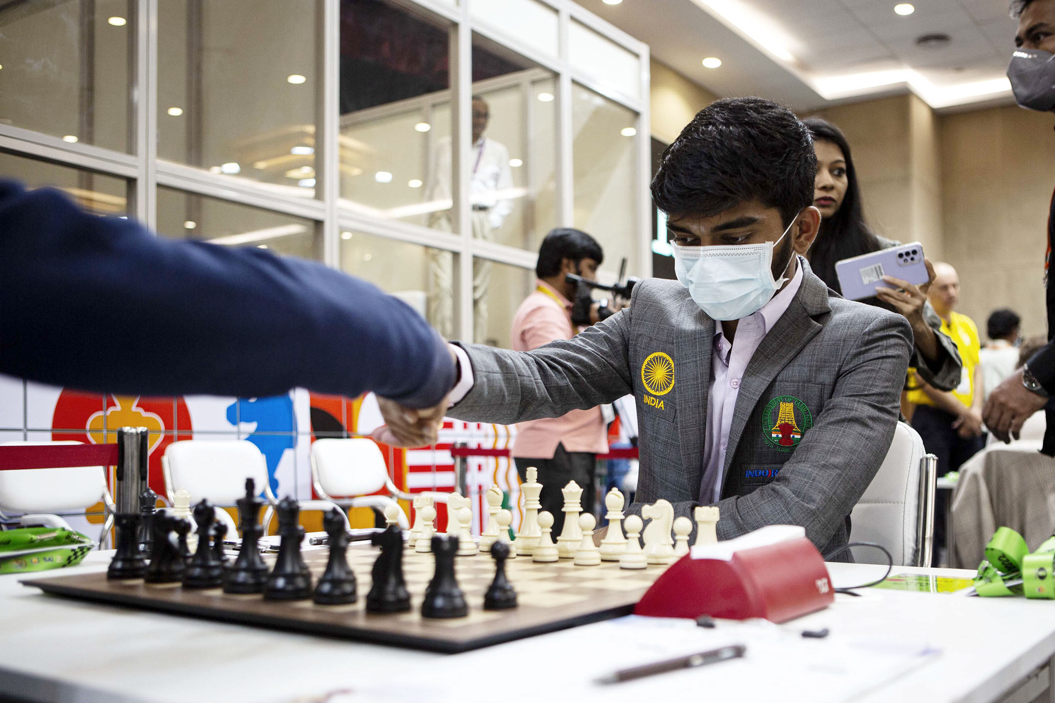 Member of India's Open Team B GM Gukesh D in action during Round 6 of the 44th Chess Olympiad in Mamallapuram, Tamil Nadu on Wednesday. Photo credit - Madelene Belinki