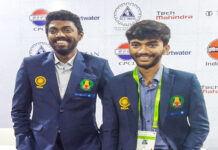 गुकेश की पूर्व विश्व चैंपियनशिप चैलेंजर शिरोव पर आश्चर्यजनक जीत Members of India Open Team B, GM Gukesh D (R) & GM Adhiban Baskaran (L) after their win Round 5 on day 5 of the 44th Chess Olympiad in Mamallapuram, Tamil Nadu on Tuesday