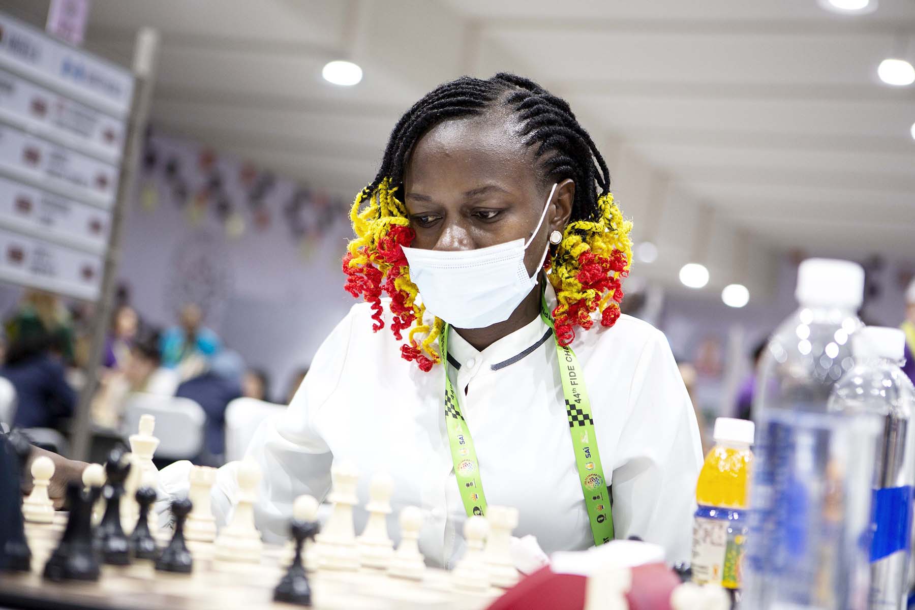 Peninah Nakabo of Uganda in action during Round 7 of the 44th Chess Olympiad on Friday in Mamallapuram, Tamil Nadu. Photo credit - Madelene Belinki