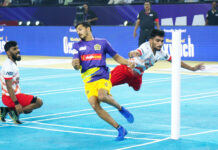 आलराउंड खेल से ओडिशा जगरनॉट्स की एकतरफा जीत Players in action during a Ultimate Kho Kho Season 1 match between Chennai Quick Guns and Odisha Juggernauts in Pune on Wednesday, August 24