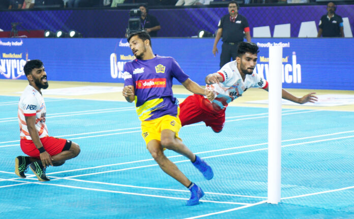 Players in action during a Ultimate Kho Kho Season 1 match between Chennai Quick Guns and Odisha Juggernauts in Pune on Wednesday, August 24