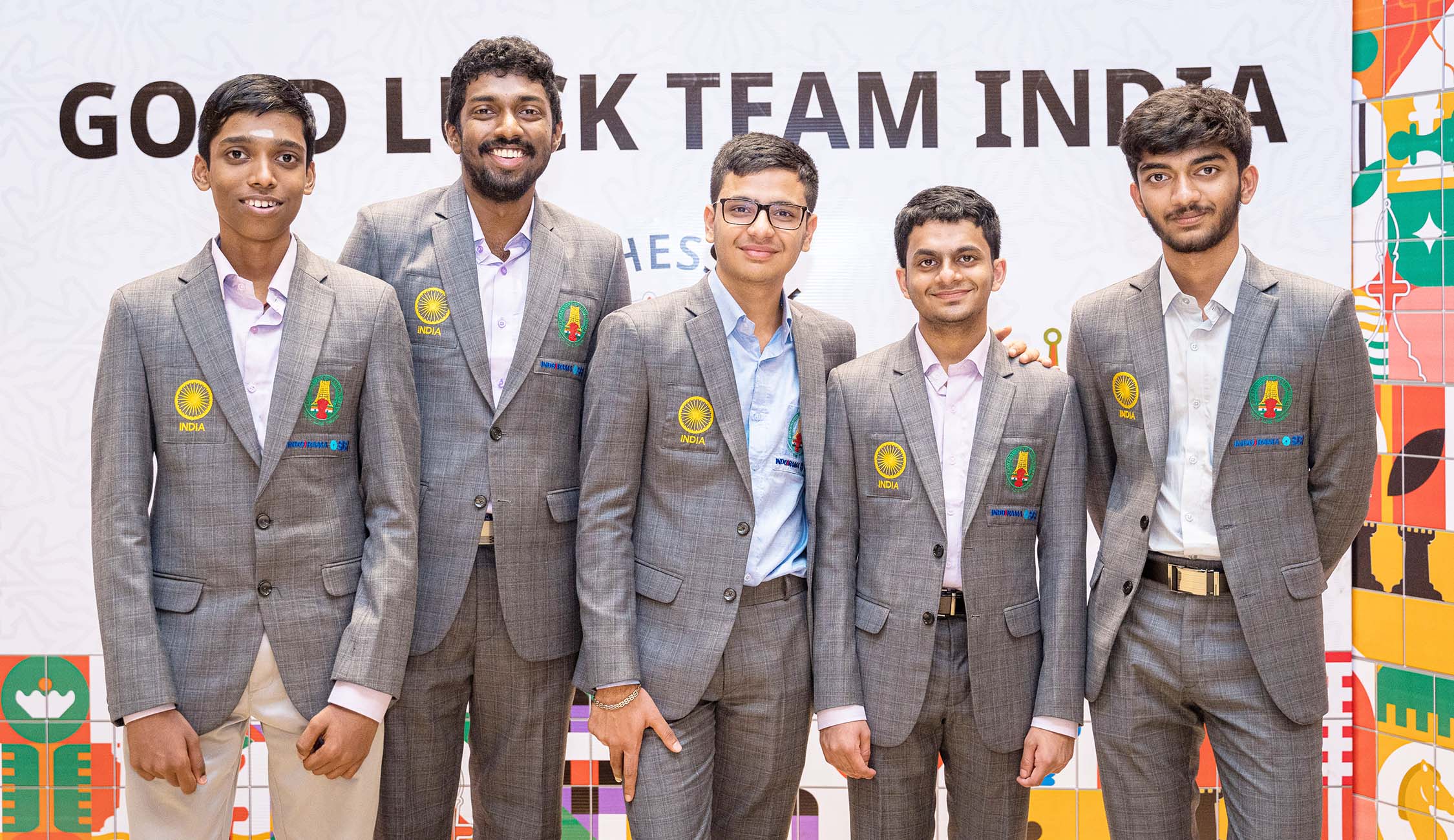 Players of bronze medal-winning India B team in the open section at the 44th Chess Olympiad Photo credit - Stev Bonhage