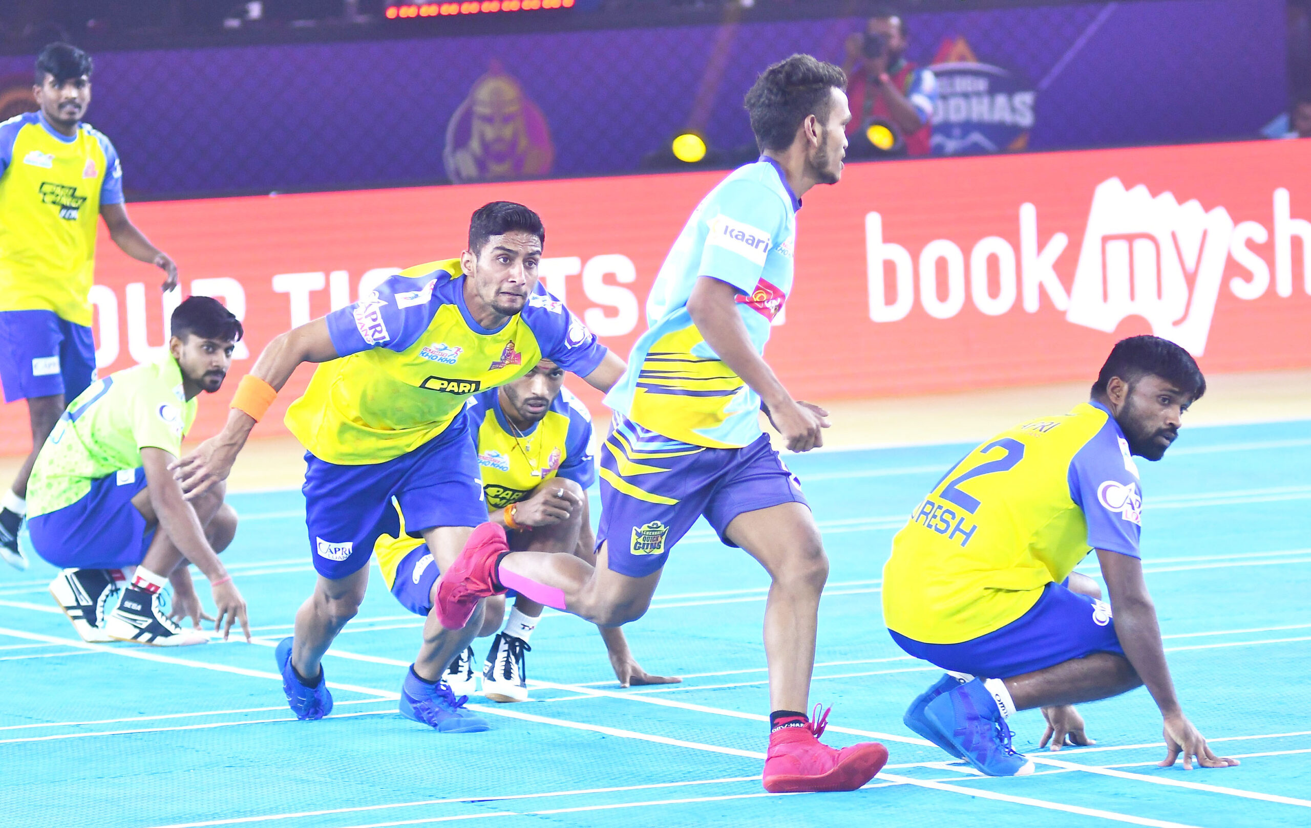 Rajasthan Warriors' Majahar Jamadar chases Chennai Quick Guns defender Ramji Kashyap during a Ultimate Kho Kho Season 1 match in Pune on Saturday, August 27, 2022 