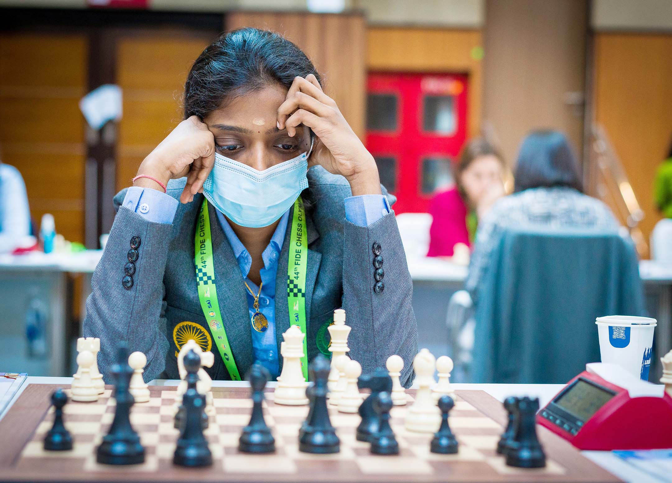 Vaishali R of India's Women Team A in action during Round 8 of the 44th Chess Olympiad in Mamallapuram, Tamil Nadu on Saturday.  