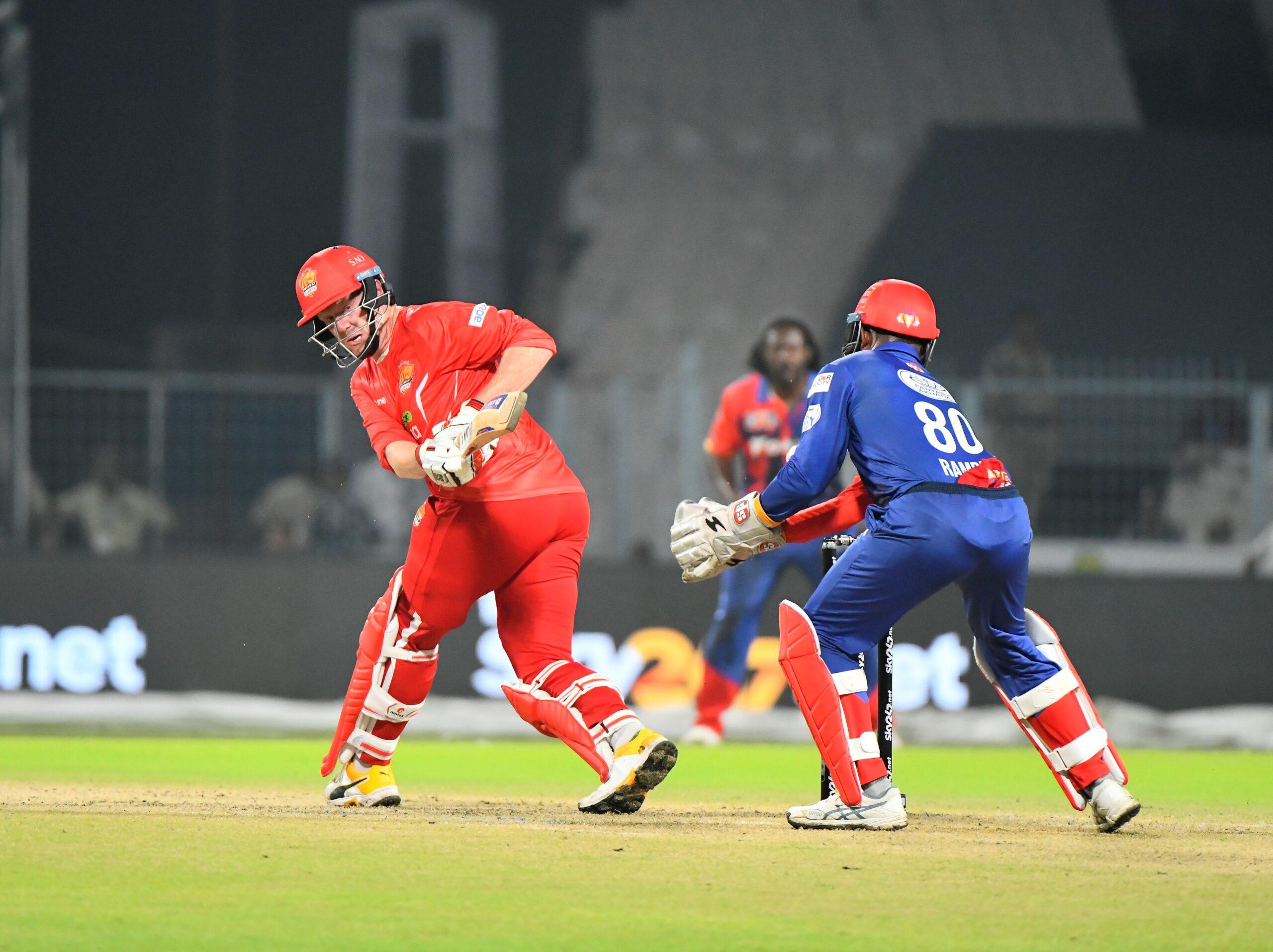 Kevin O'Brien of Gujarat Giants hits one against India Capitals during Legends League Cricket opening match at the Eden Gardens Stadium in Kolkata on Saturday