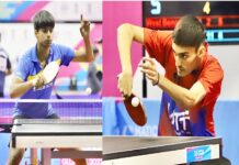 वरीय खिलाड़ियों को किया अपसेट, स्नेहित व पाटिल पुरुष एकल क्वार्टर फाइनल में तेलंगाना के एफ आर स्नेहित और महाराष्ट्र के दीपित पाटिल (दाएं) की रोमांचक जीत