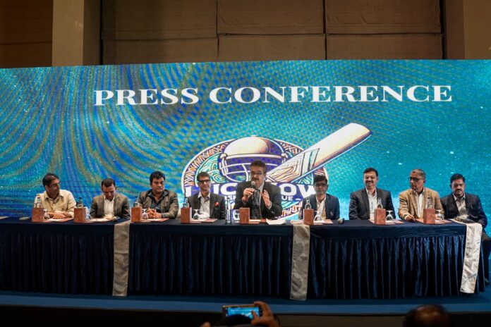 CAL president Navneet Sehgal announces LPL team owners in Lucknow on Sunday.