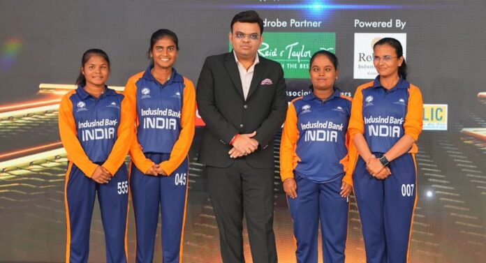 ICC Chairman Jay Shah poses with the players of Indian women’s blind cricket team