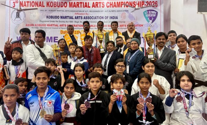 Top three teams with trophies at the closing ceremony of the National Kobudo Championship 2026