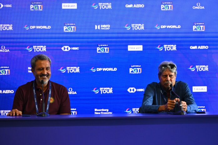 L to R - Mr. Amandeep Johl, CEO, DP World PGTI and Mr. Kapil Dev, President, DP World PGTI, addressing the media at the DP World India Championship on Friday